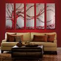 Image of 5 Metallic Silver Red Cherry Tree Abstract Paintings Silver